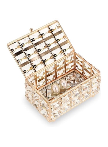Tazweeq Crystal Jewelry Box, Rectangle Trinket Organizer, Mirrored Ring Keepsake Box, Gold Small Decorative Box, Jewelry Chest Box, Treasure Keepsake Box, Home Decorative Box with Lid