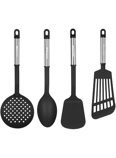 Royalford 4-Piece Nylon Kitchen Tools with Stainless Steel Handle- RF12691/ Heat-Resistant Set Includes Serving Spoon, Slotted Spatula, Skimmer and Turner/Ergonomic, Anti-Slip