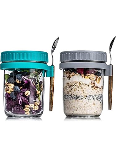 Overnight Oats Container with Lid and Spoon 2PCS 350ml Overnight Oats Jars Breakfast Container Cereal Milk Vegetable and Fruit Salad Storage Container with Measurement Marks