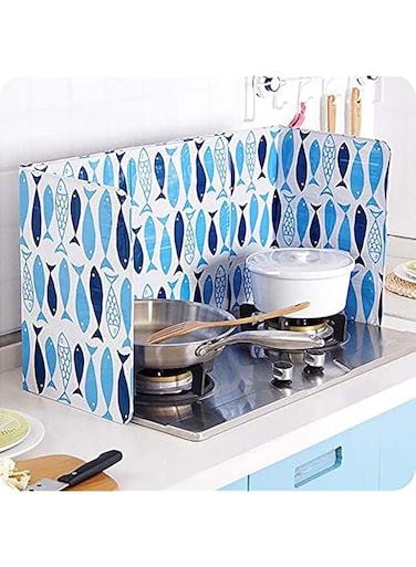 Tazweeq Foldable Kitchen Splash Guard, Kitchen Cooking Frying Pan Splash Guard Gas Stove Cover, Printed Fish Splash Guard