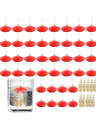 IS MUHE 40 Pieces 1.6 Inch Unscented Floating Candles for Centerpieces, Floating Pool Candles Round Burning Candles Decor for Valentine's Day,3.5-4 Hours Burn Time RED natural (pack of 40) (Red)