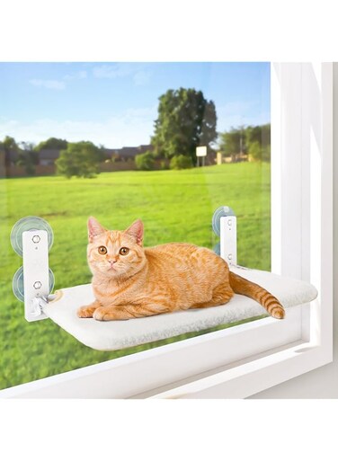 AMOSIJOY Cordless Cat Window Perch, Cat Hammock for Wall with 4 Strong Suction Cups, Solid Metal Frame and Two Replaceable Covers, Foldable Cat Beds for Indoor Cats (Medium-White)