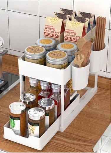 2 Tier Sliding Sink Organizer , Kitchen Bathroom Cabinet Organizer, Counter Organization Shelf Rack with Hooks (White)