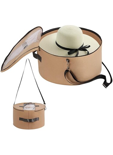 LITLANDSTAR Hat Organizer for Women and Men, Round Hat Storage Box Portable Felt Hat Container Foldable Hat Holder with Dust Proof Lid, Hat Rack for Closet or Travel (17" D x 10" H, Khaki)