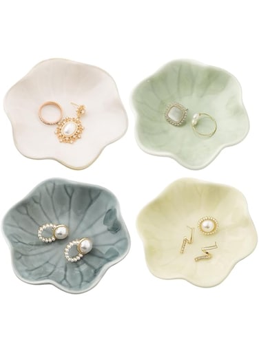 Tazweeq 4PCS Ceramic Trinket Dish Set, Decorative Jewelry Tray for Earrings, Necklaces, Rings, Keys, &amp; Small Items, Green Leaf, Grey Blue, Cream White, &amp; Yellow, Beautiful D&eacute;cor for Home