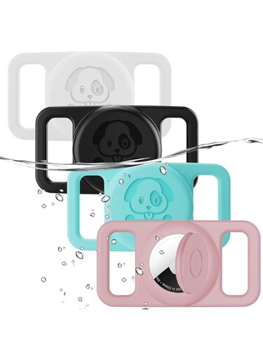SWIUKPHE Waterproof Tag Dog Collar Holder Compatible with AirTag 4 Pcs, Silicone Hidden Loop Holder for tag, Anti-Lost Dog Collar Tag Accessories (Cyan, White, Black, Pink)