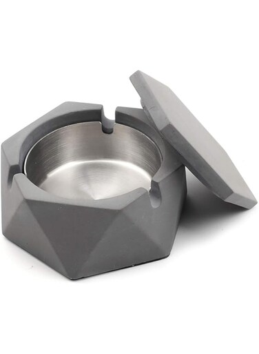 MOSTFUN Concrete Ashtray with lid Geometric Cigarette Ashtray Outdoor Ashtray with Stainless Steel Inner Tray Nordic Style