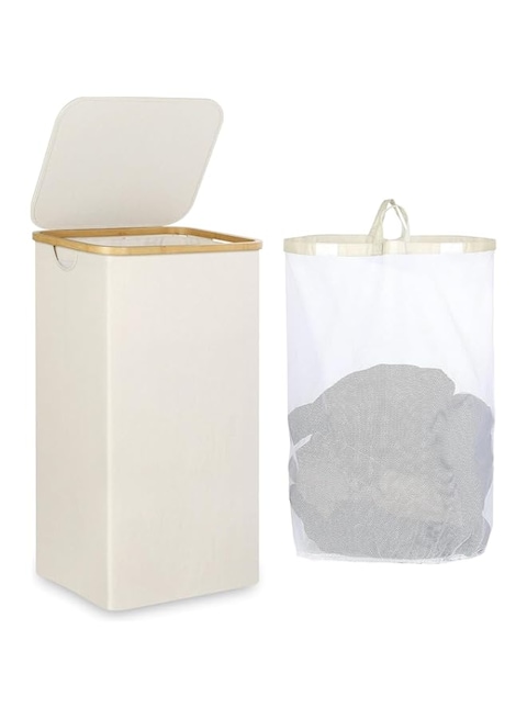 TAME Laundry Basket with Lid, 110L Large Laundry Hamper with Handle and Lid, Clothes Hampers for Laundry, Collapsible Clothes Bag Laundry Hamper for Bedroom, Bathroom, Dorm, Laundry Room (Beige)
