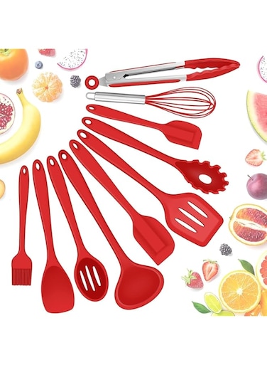 Tazweeq Kitchen Utensil Set,10pcs Kitchen Tools &amp; Gadgets Silicone Cooking Utensils,Heat-Resistant Non-Stick Cooking Set,Turner,Whisk, Spoon,Brush,spatula,Ladle Slotted turner Tongs Pasta Fork