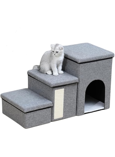 TOMVAES 3-Step Foldable Storage Indoor Dog Steps, Pet Steps for High Bed Sofa, Non-Slip Dog Stairs Step with Storage Box and Scratcher for Puppy/Cats, Hold Up to 65 lbs