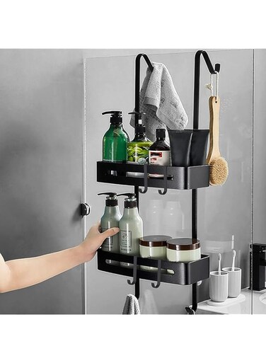 MIXDE Shower Caddy Over The Door, Rustproof Aluminum Shower Caddy, Shower Door Storage Organizer with a suction cup, Hooks and Basket