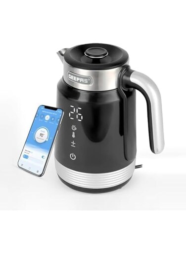 Geepas 1.7 L Smart Stainless Steel Kettle- GK38034/ Convenient Tuya App Control, Alexa,Multiple Safety Features, Perfect for Boiling Water, Milk, Tea/Strix Controller 2200 W/ 2 Years Warranty, Black