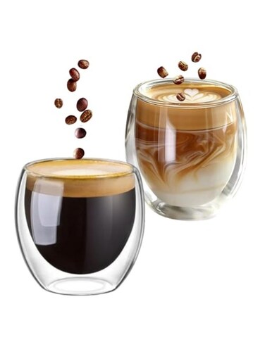 Double Wall Glass Coffee Mugs 250ML Hot &amp; Cold Borosilicate Insulated Glasses for Home, Cafe &amp; Restaurant, DG824 (Clear, 2 Piece Set)