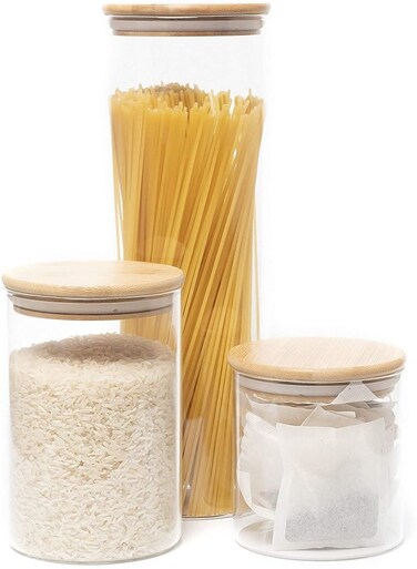 Storage Jars Bamboo Lids Clear Beige 10x28cm