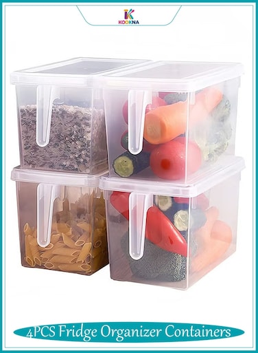 Fridge Organizer Containers 4PCS, Clear Plastic Refrigerator Storage Boxes with Lids and Handle, Large 5L Stackable Containers (31&Atilde;&mdash;25&Atilde;&mdash;15.5cm)