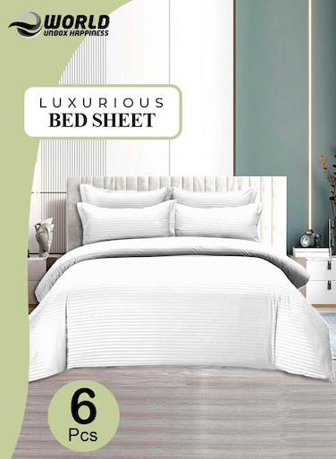 6-Piece Premium King Size Bedding Set, White Striped Design and High-Quality Cotton Hotel Luxury Bedsheet, Soft Quilt Cover and Pillowcases