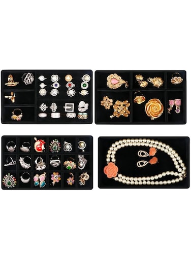 Aputue Jewelry Display Tray, 4 PCS Stackable Velvet Jewelry Tray with Drawers, Detachable and Ddjustable Jewelry Organizer Trays, Multi-purpose Jewelry Storage Display, Jewelry Trays for Drawers