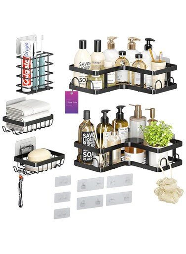 BPA 5 Pack Corner Shower Caddy, Stainless Steel Shower Organizer Shelf with Soap Holder, Bottle Holder &amp; Hook Wall-Mounted Shower Shelves with 16 Hooks, Bathroom Shower Rack (Black)