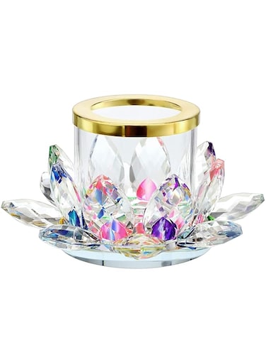 Colorful Crystal Lotus Tealight Candle Holder Votive Candle Stand with Glass Cover, Glass Lotus Petal Tea Light Holder Lotus Flower Pillar Candle Lamp Candle Centerpiece for Dining Table Altar Diwali