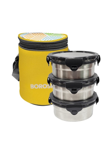 Borosil Sunshine Yellow Stainless Steel Lunch Box, Set Of 3 Containers With Lunch Bag, Leak-Proof Lunch Box With Grey Lid, Round Lunch Container For School &amp; Office, 400 Ml X 3