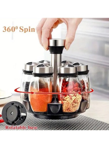 7pcs OF 1 Set, Multifunctional Easy Install Spice Set Glass Organizer, Rotating Glass Seasoning Sugar Pepper Bottles Salt Shakers Holder, Kitchen Storage Supplies