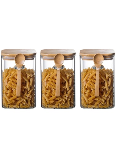Glass Storage Jar with Bamboo Lids and bamboo Spoon,Set of 3 Airtight Food Jars Kitchen Food Storage Containers with Scoop For Serving Tea, Coffee, Flour, Sugar, Candy, Cookie, Spice (Medium:1000ml)
