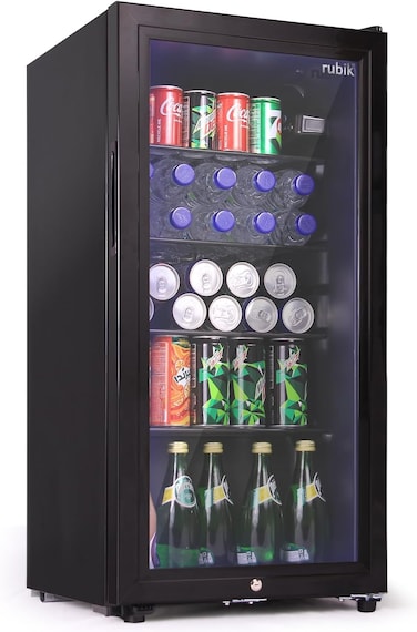 88L Glass Door Refrigerator for Countertop or Cabinets, Direct Cold with Frost, LED Light and Key Lock, (RB-88HC-JC) All Black Edition
