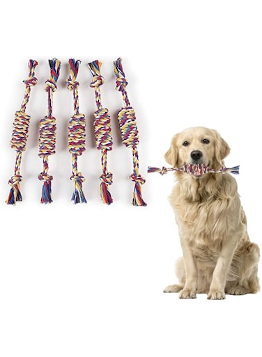 PETSARY 4 Pcs Rope Shape Cotton Sturdy Teething Dog Toy - Braided Knots Rope Dog Snack Toy - Interactive Chew Tug Rope Indestructible Toy - Soft Bite Molar Teeth for Aggressive Chewers - 25 cm