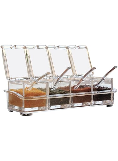 4 Pcs Clear Acrylic Seasoning Box Set with Covers and Spoons, Transparent Durable Food-Grade Spice Jars with Removable Tray, MultiPurpose Condiment Dispensers, Easy to Clean and Store, 25.5x10x7.5 cm