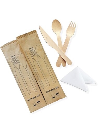 SNH Packing Disposable Bamboo Fork, Spoon and Knife with Napkin Cutlery Set 20-Pieces, Wooden