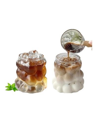 Grape Cups 350ml - 2 pcs- Clear Ribbed Cocktail Glasses   Creative Wave Shape Glasses Vintage Drinking Glassware Iced Coffee Juice