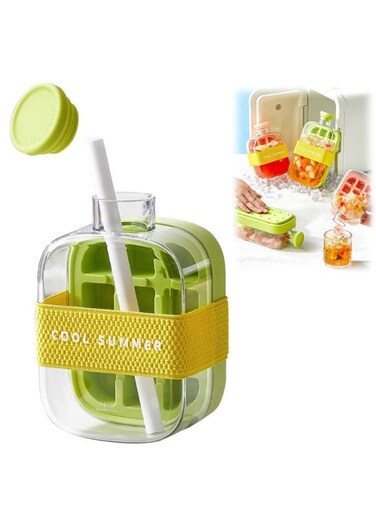 Ice Cube Bottle, 2 in 1 Touch-Free Ice Cube Tray Water Bottle, Portable ice-Compartment Water Making Bottles with Lid and Bin, Press to Release Ice Tray for Home, Outdoor Picnics, Office Use (500ml)