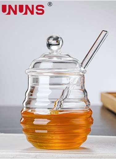 Honey Dispenser Jar,Clear Honey Jar With Dipper And Lid,280ML Glass Beehive Honey Pot,Honey Containers Holder For Home Kitchen