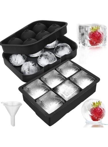 Silicone Ice Cube Tray (Set of 2), Large Ice Cube Moulds &amp; Ice Ball Maker with Funnel, Easy Release, Reusable BPA Free Ice Tray for Whiskey, Cocktails, Craft, Homemade