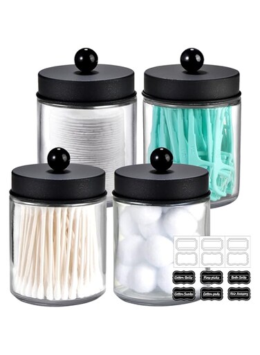 Amolliar 4 Pack Apothecary Jars Bathroom Vanity Storage Organizer Set -Countertop Canister with Stainless Steel Lids &amp;Cute Stickers - Qtip Dispenser Holder for Qtips,Cotton Swabs,Makeup Sponges(Black)