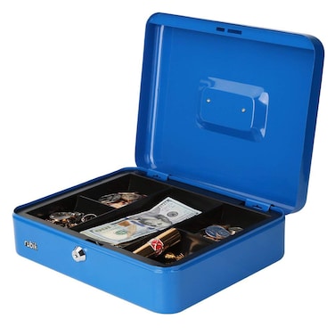 Rubik X-Large Cash Box Steel Register with Tray and Lock Durable Portable Money Box Safe for Bills Jewelry Receipts Coins (30x24x9cm) Blue