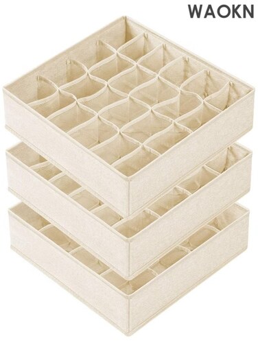 3 Pack Wardrobe Organiser, Cell Fabric Foldable Cabinet Dresser Closet Organizers and Storage Boxes for Organizing Socks, Underwear, Ties Belts&iuml;&frac14;&OElig;Dustproof &amp; Moisture-Resistant Closet Storage Box with Dividers, Handles (16+24+24 Cell Underwear Organizer, Beige)