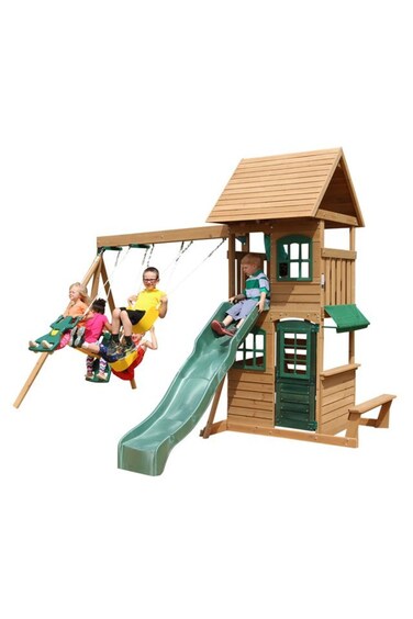 KidKraft Windale Fort Wooden Swing Set with Slide &amp; Swings