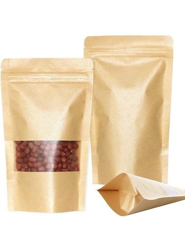 Khazna Food Pouches 50 pcs 18x26 cm Kraft Stand Up Food Bags, Zip Lock Reusable Packing Pouches with Transparent Window and Tear Notch Thicken Heat Sealable, or Storing, Cookie, Snack Tea and Drinking