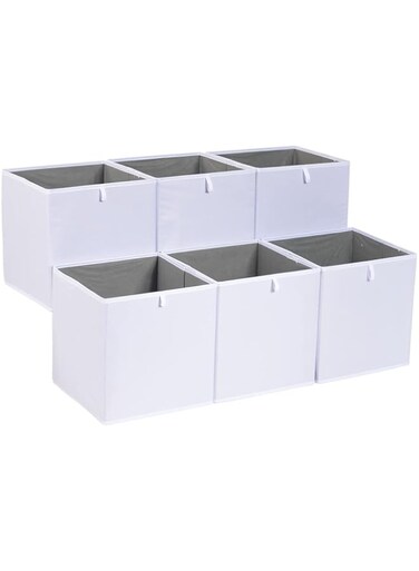 Amazon Basics Collapsible Fabric Storage Cube Organiser Bins, Pack of 6, White, 26.7 x 26.7 x 28 cm