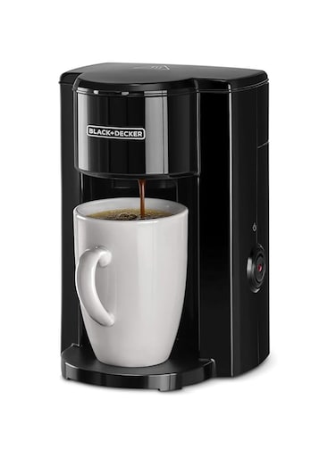 BLACK+DECKER Coffee Maker, 350W, 125ml Water Tank, Compact One-Cup Coffee Machine with Ceramic Mug, Auto Shut-Off, Durable Nylon Filter, One-Button Control, For Drip Espresso, Black - DCM25N-B5