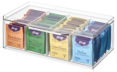 Crisp Tea Storage Organizer Clear 4 Compartment Acrylic Tea Bag Holder with Lid 12.5 x 6.25 x 4.5 Inch Kitchen Drawer Countertop Storage for Tea Coffee Sugar Sachets Organizer Box