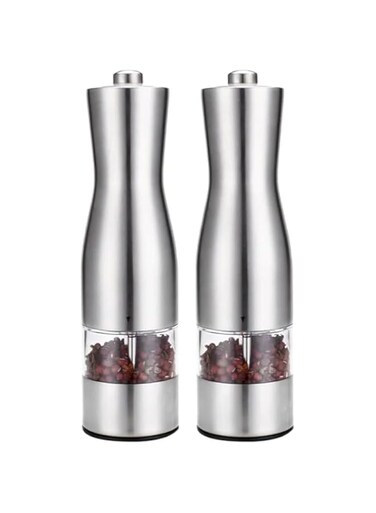 Goldedge Multifunctional Home Kitchen Tool Stainless Steel with small Glass Window Electric Grinder Salt and Pepper Mill, Battery Required (Pack of 2)