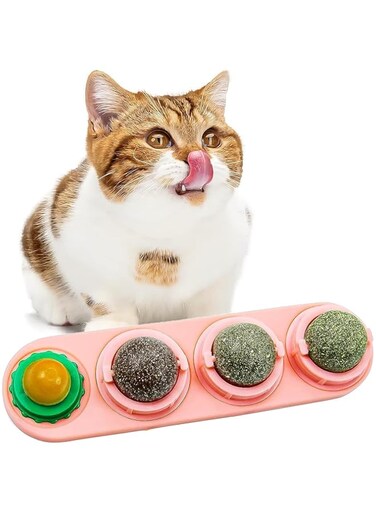 Catnip Balls - 4 in 1 Pure Natural Cat Mint Leaf Rotating Interactive Cat Toys - Cats Edible Snacks Balls - for Cats Kitten Teeth Cleaning