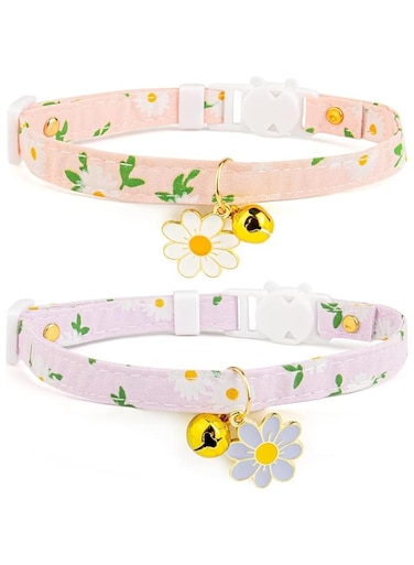 Doogle 2 Pack Cotton Breakaway Cat Collars with Bell, Pink Daisy Flower Pattern, Adjustable for Small and Medium Cats (S)