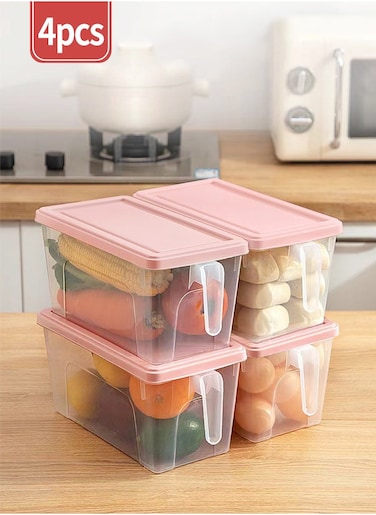 4 Piece Refrigerator Storage Boxes with Lids and Handles Food Storage Boxes,Stackable Food,Fruit,Egg,Vegetable Drawer Storage Organizer Container,Freezer Safe Food Storage Boxes,Clear