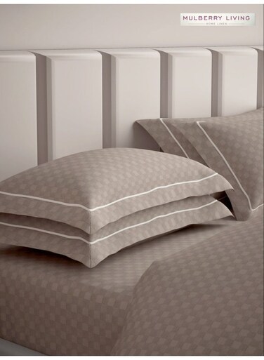 LIVING 100% Cotton Set of 2 Pillow Covers - 300TC Urban Grid - Mocha