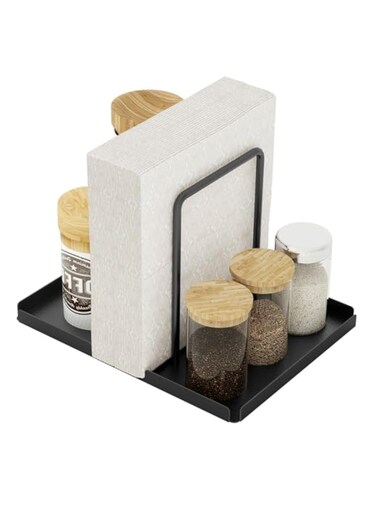 Holder, Metal Napkin Holder for Table with Salt and Pepper Shakers Caddy, Napkin Storage Dispenser for Kitchen Dinner Table and Picnic Decors, Black