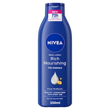 NIVEA Body Lotion for Dry to Very Dry Skin, Rich Nourishing with Pure Hyaluron, 72H Intense Moisture, 250ml