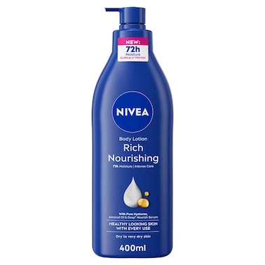 نيفيا لوشن للجسم للبشرة الجافة إلى شديدة الجفاف، غني ومغذٍّ بحمض الهيالورونيك النقي، ترطيب مكثف لمدة 72 ساعة، 400 ملل